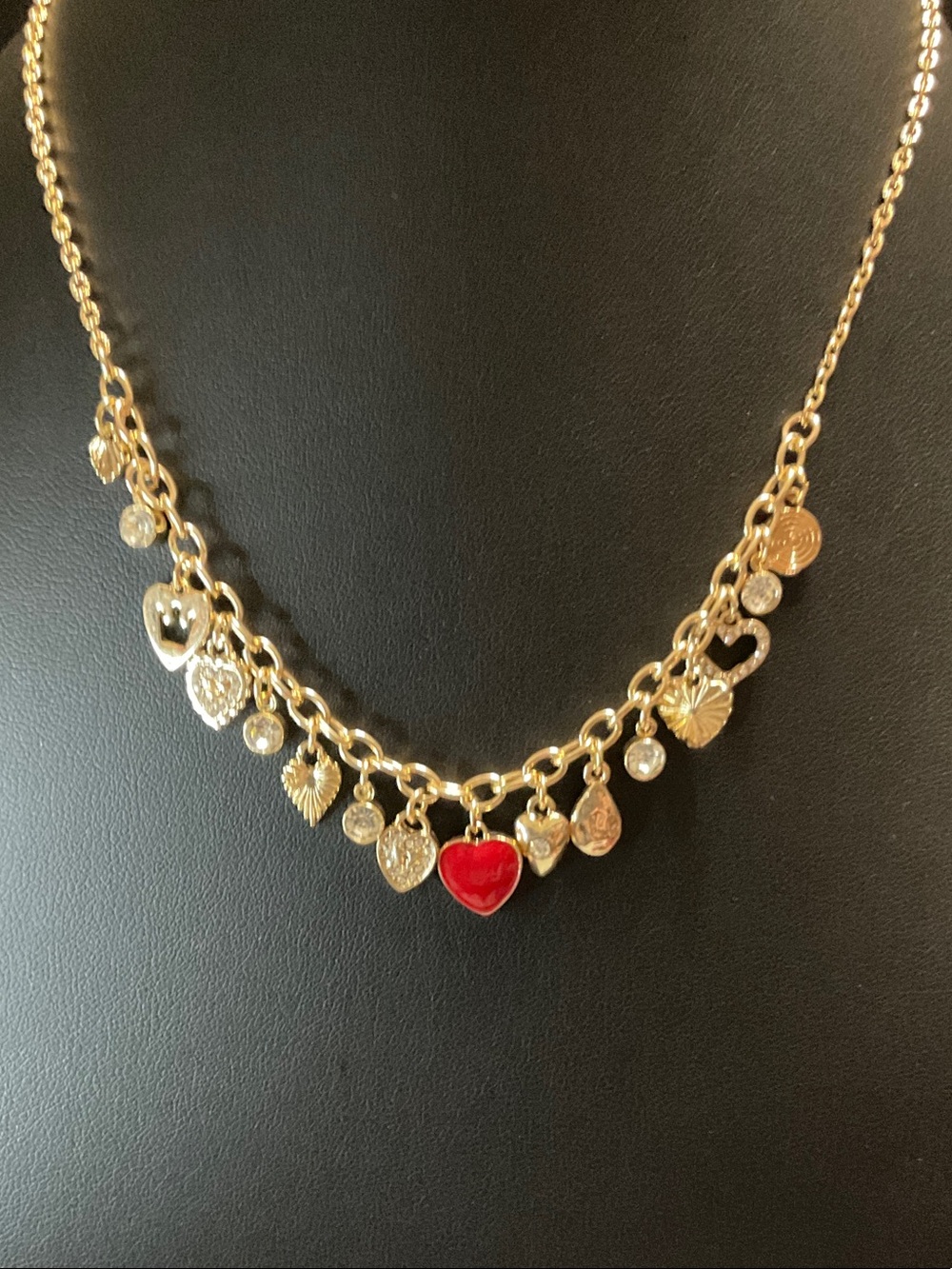 Gold-tone Heart Charm Necklace with Red Heart Accent